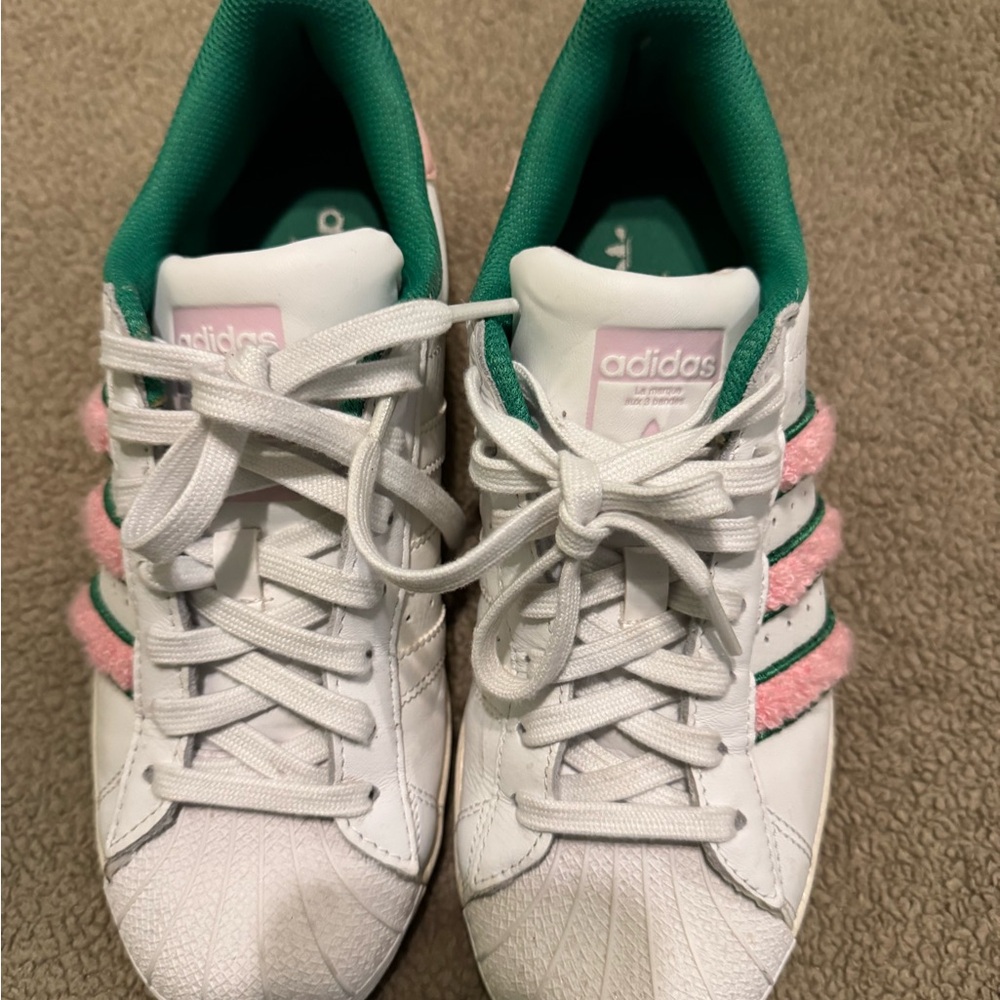 Adidas White and Green Sneakers with Pink Stripes